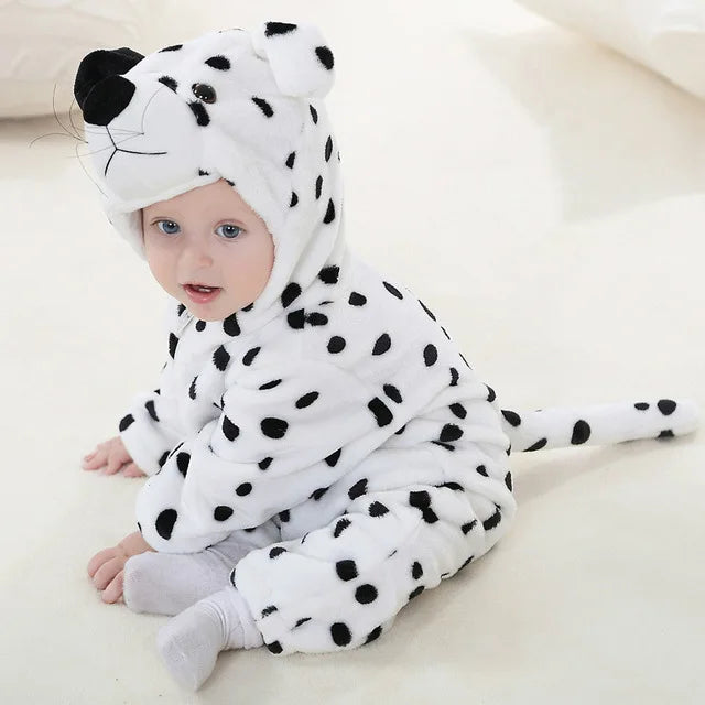 Dalmatian hooded zip-up baby onesie in white plush with black spot pattern