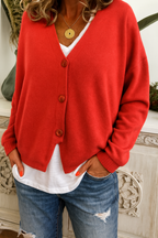 Damaris | Women's V-Neck Button Cardigan - Long Sleeve Knit Sweater