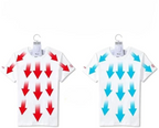Compact electric clothes dryer on hanger, with warm red and cool blue airflow arrows