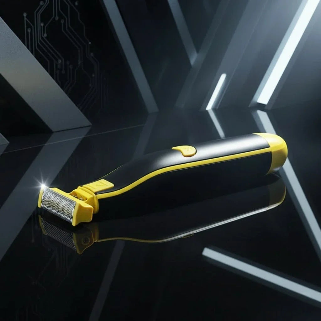 Compact electric shaver with foil head, black and yellow body