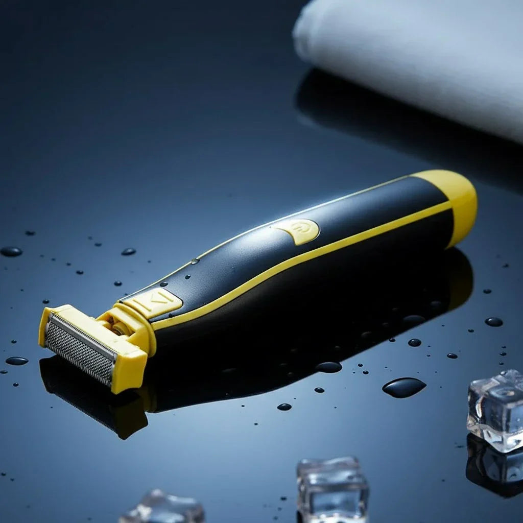 Electric shaver with foil head on water droplets, black and yellow rechargeable razor