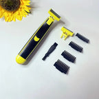 Electric shaver with multiple comb attachments, black and yellow travel design
