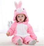 Pink rabbit hooded zip-up baby onesie with white belly and soft plush ears