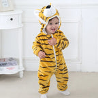 Tiger hooded zip-up baby onesie with yellow-and-black striped plush design