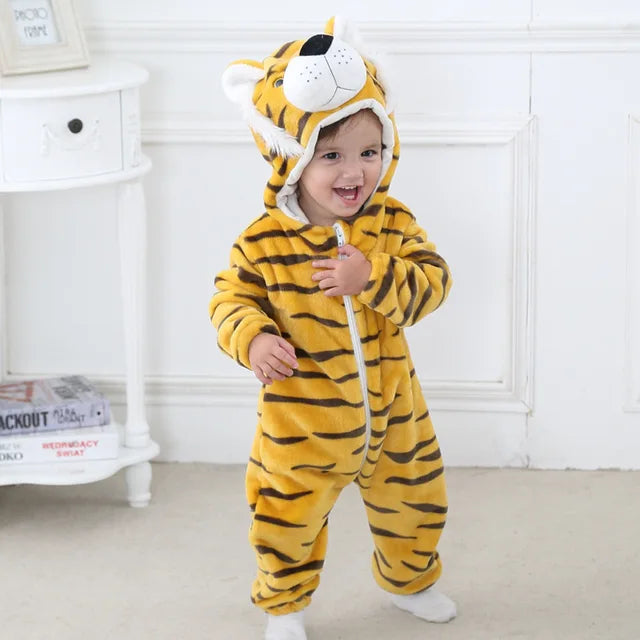 Tiger hooded zip-up baby onesie with yellow-and-black striped plush design