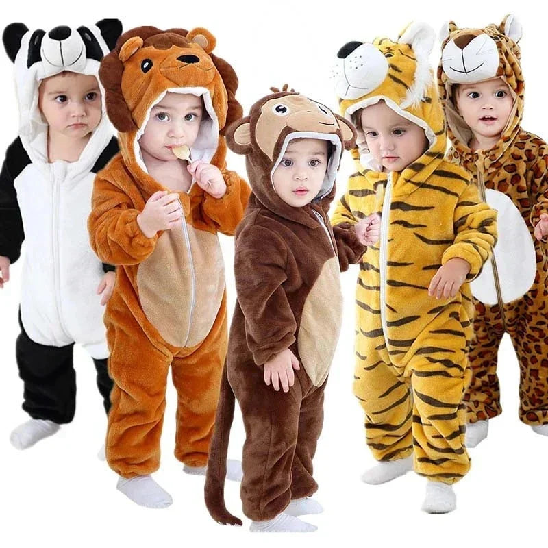 Baby animal costume onesie set with hooded zip-up styles in multiple animal designs