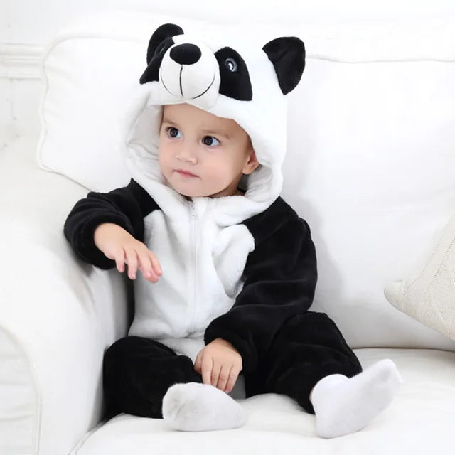 Panda-pattern hooded zip-up baby onesie in black and white plush