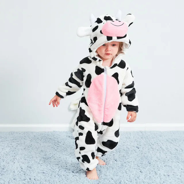 Dalmatian hooded zip-up baby onesie with black spots and pink belly patch