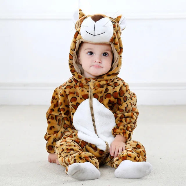 Fox hooded zip-up baby onesie in brown plush with white front panel