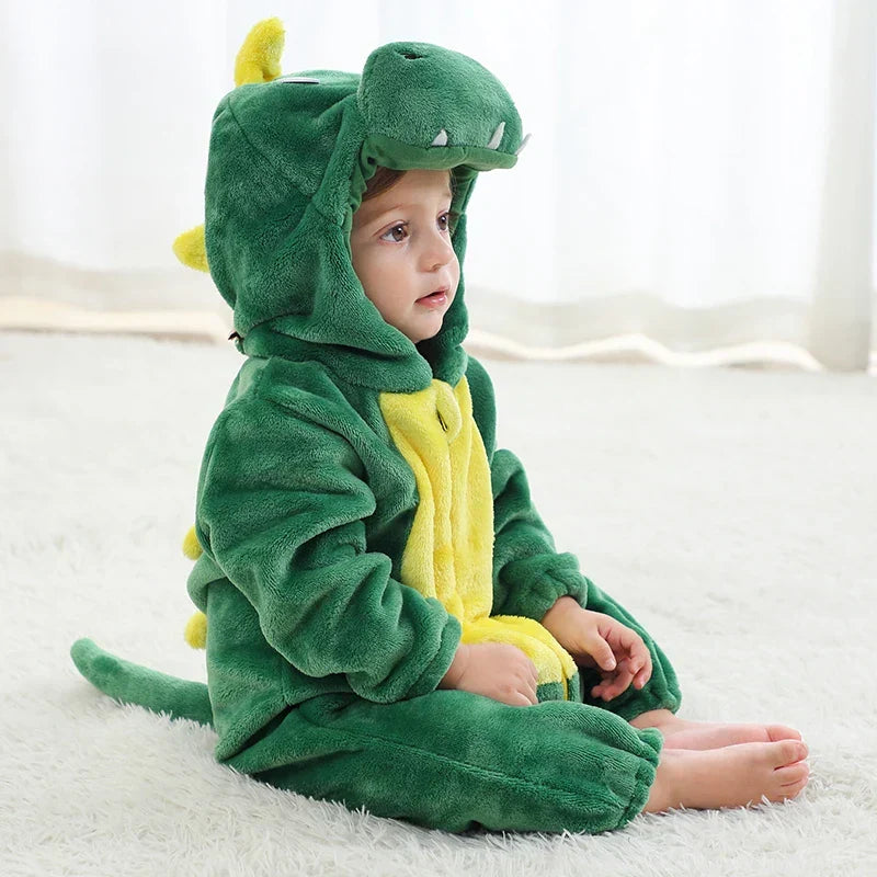 Green dinosaur hooded zip-up baby onesie with soft plush spikes and belly panel