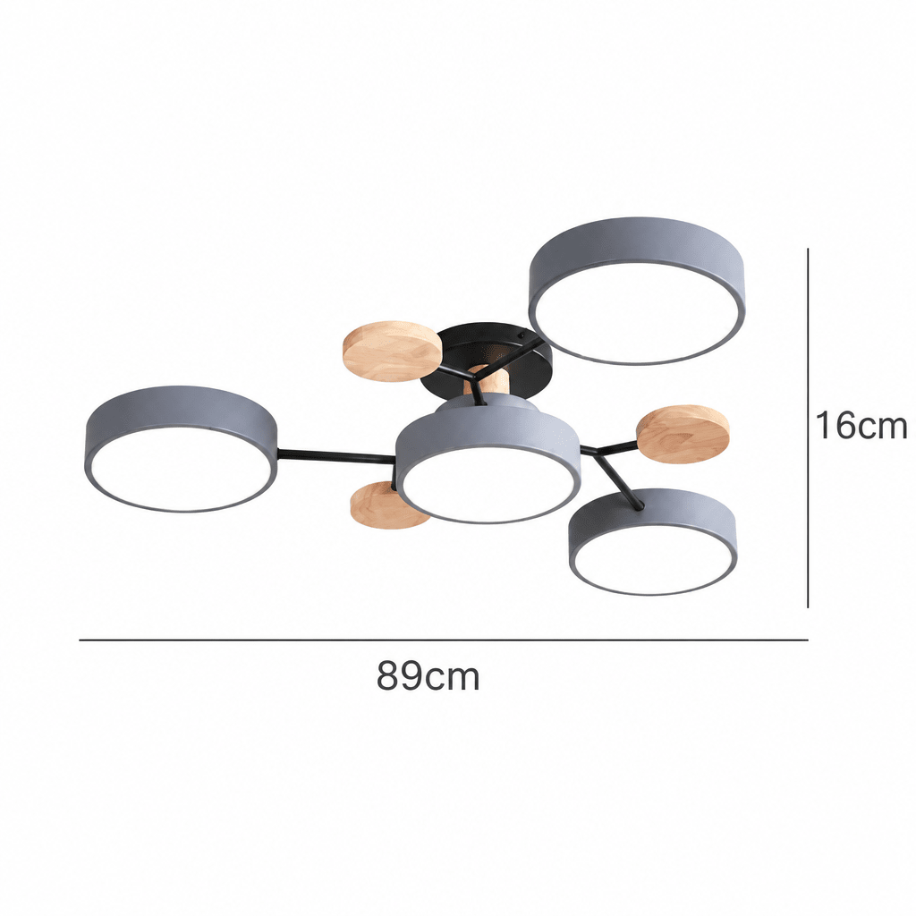 Round multi-head LED flush mount with white discs; 89cm wide, 16cm height