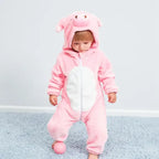 Pink pig hooded zip-up baby onesie with white belly panel and plush hood
