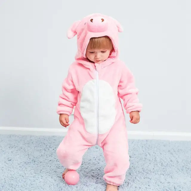 Pink pig hooded zip-up baby onesie with white belly panel and plush hood