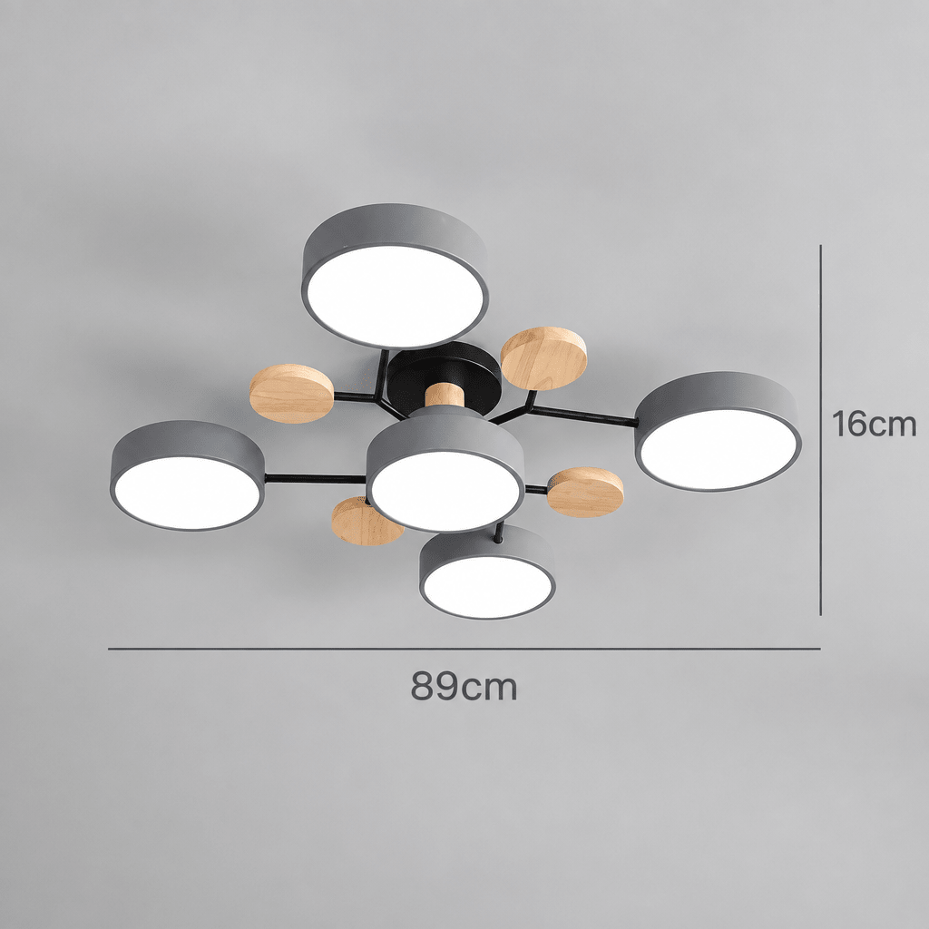 Round multi-head LED ceiling fixture with white circular lights and wood-tone side plates