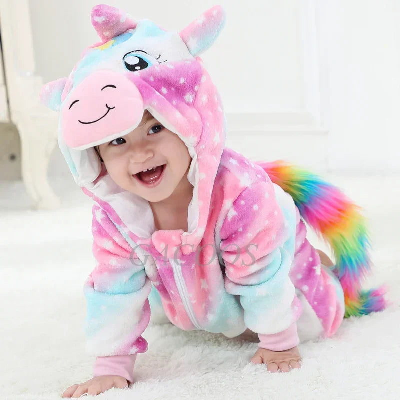 Pink unicorn animal onesie with hood, full-zip front and pastel rainbow tail