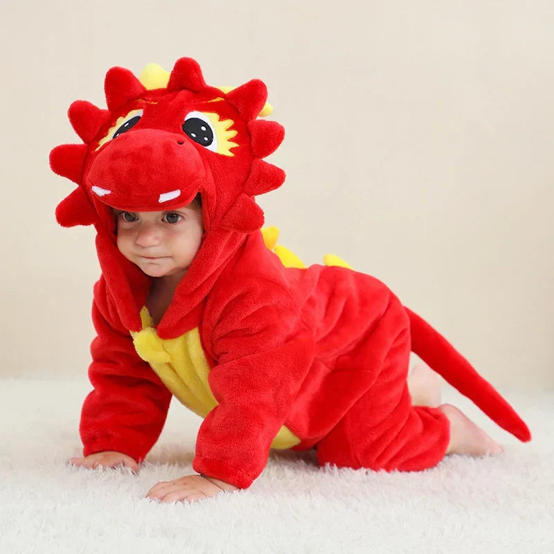 Red dinosaur animal onesie with hood, full-zip front and spiky head design