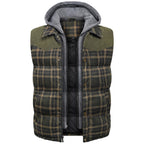 Men's hooded quilted outdoor vest with plaid front panels, dark olive green and gray lining