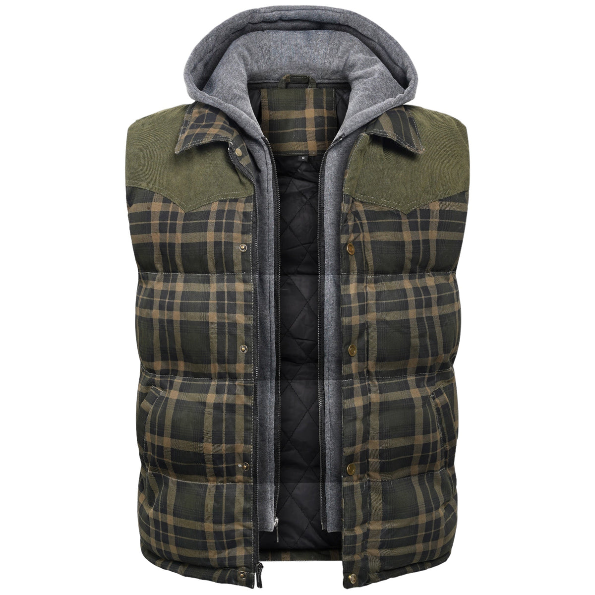 Men's hooded quilted outdoor vest with plaid front panels, dark olive green and gray lining