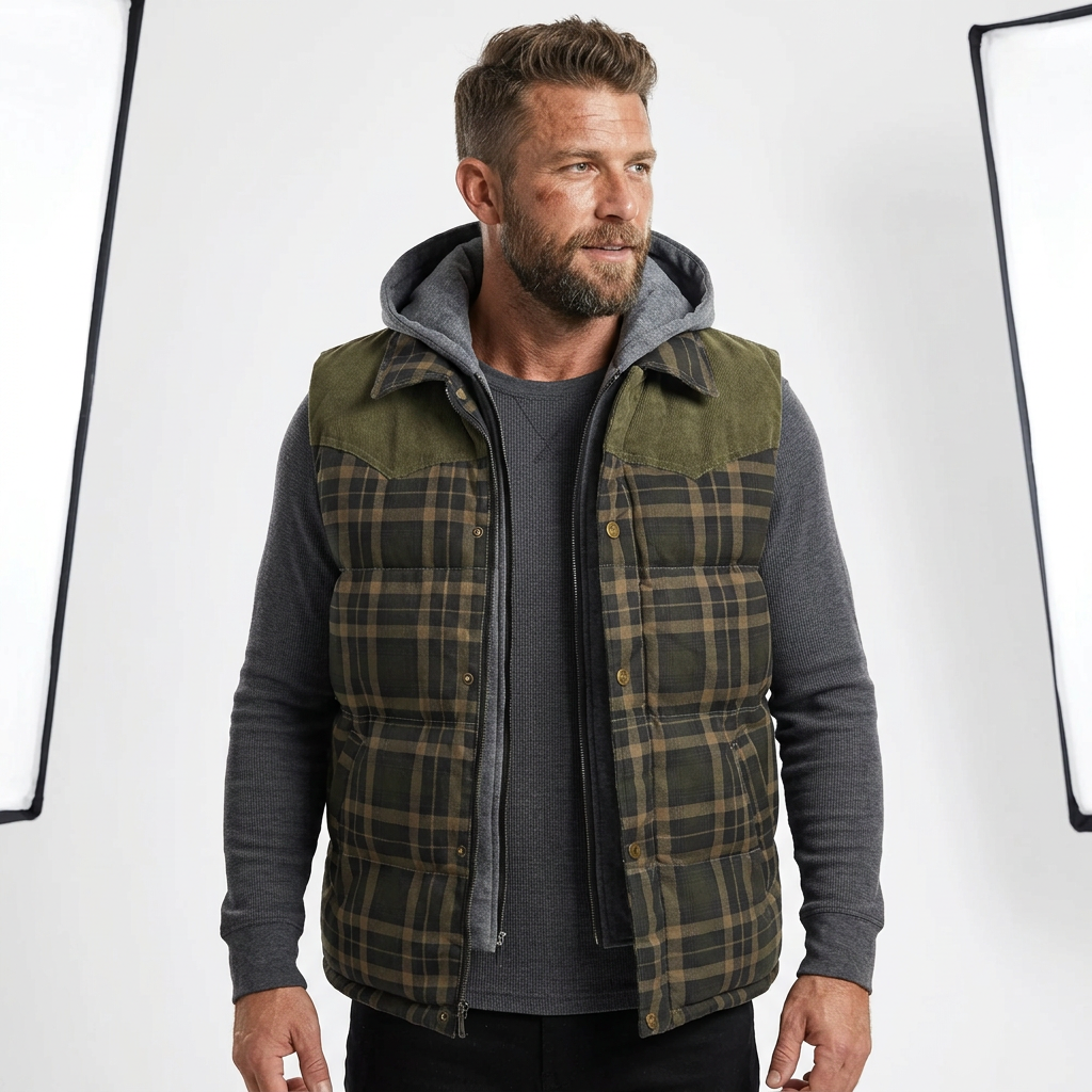 Men's outdoor vest in dark olive green with plaid quilted front and zip-up hood