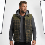 Men's outdoor vest in dark olive green with plaid quilted front and zip-up hood