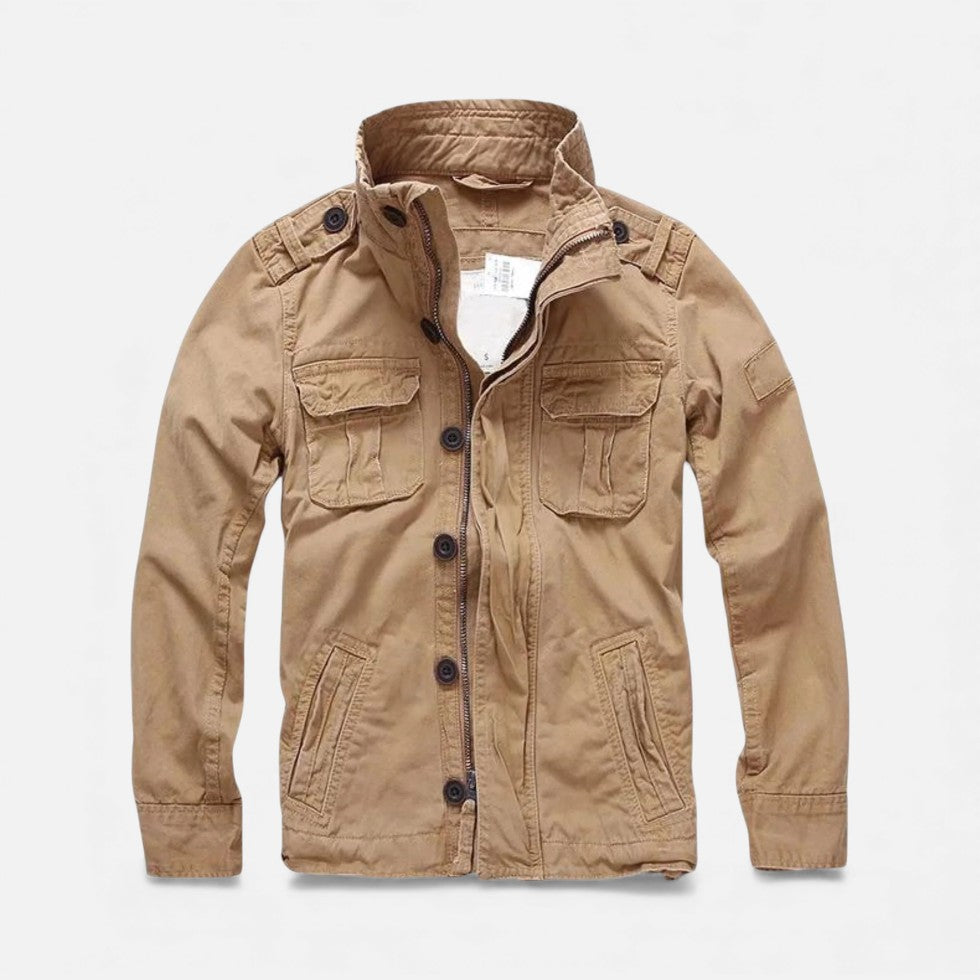 Khaki utility jacket with button-front, stand collar, and chest & waist pockets