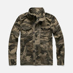 Brown camouflage utility jacket with button-front, stand collar, and chest & waist pockets