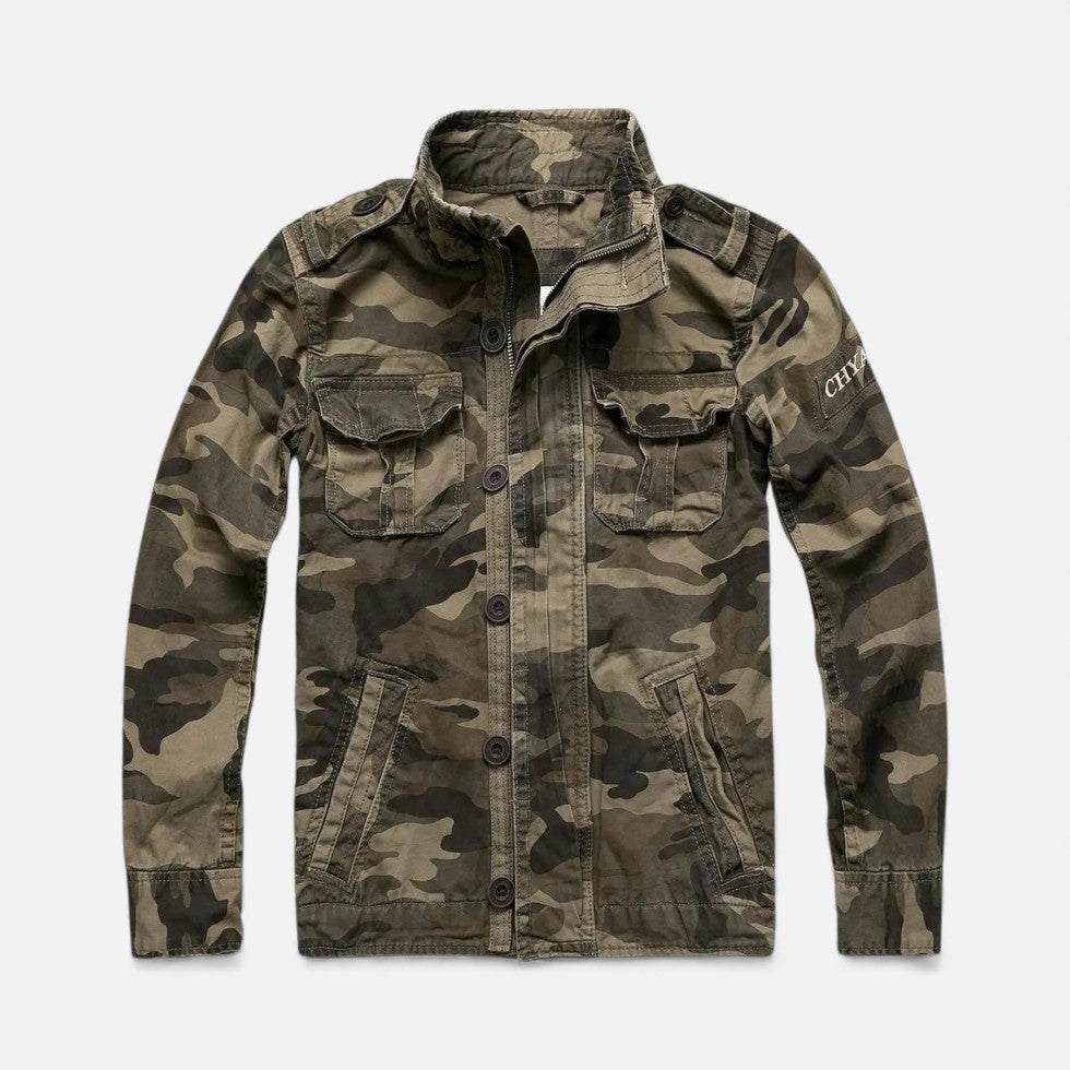 Brown camouflage utility jacket with button-front, stand collar, and chest & waist pockets