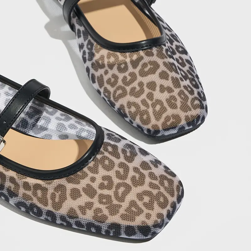 Lumielle | Women's Leopard Print Mesh Mary Jane Flats – Breathable Buckle Comfort Fit-Mary Jane Flats-Black Leopard-5-