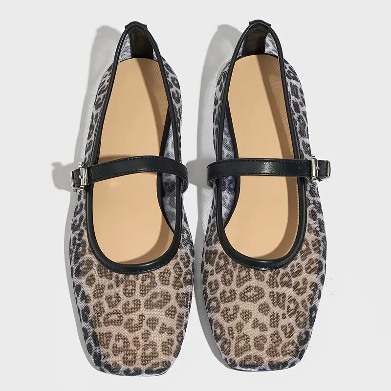 Lumielle | Women's Leopard Print Mesh Mary Jane Flats – Breathable Buckle Comfort Fit-Mary Jane Flats-Brown Leopard-5-