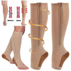 Beige zip-up open-toe support socks with long zipper and easy pull tab.