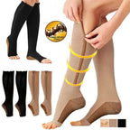 Zip-up open-toe support socks in black and beige, long calf zipper design.