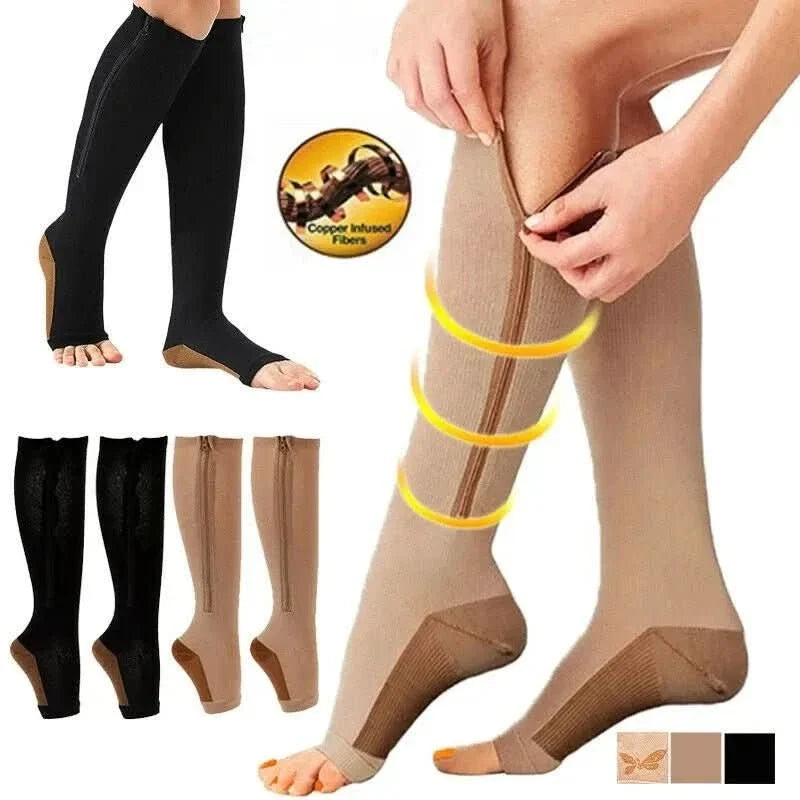 Zip-up open-toe support socks in black and beige, long calf zipper design.