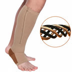 Beige zip-up open-toe support sock with long side zipper and brown toe panel.