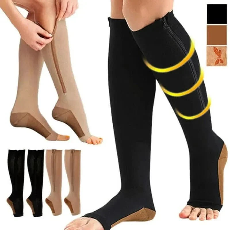 Set of zip-up open-toe support socks in black and beige, long zipper on calf.