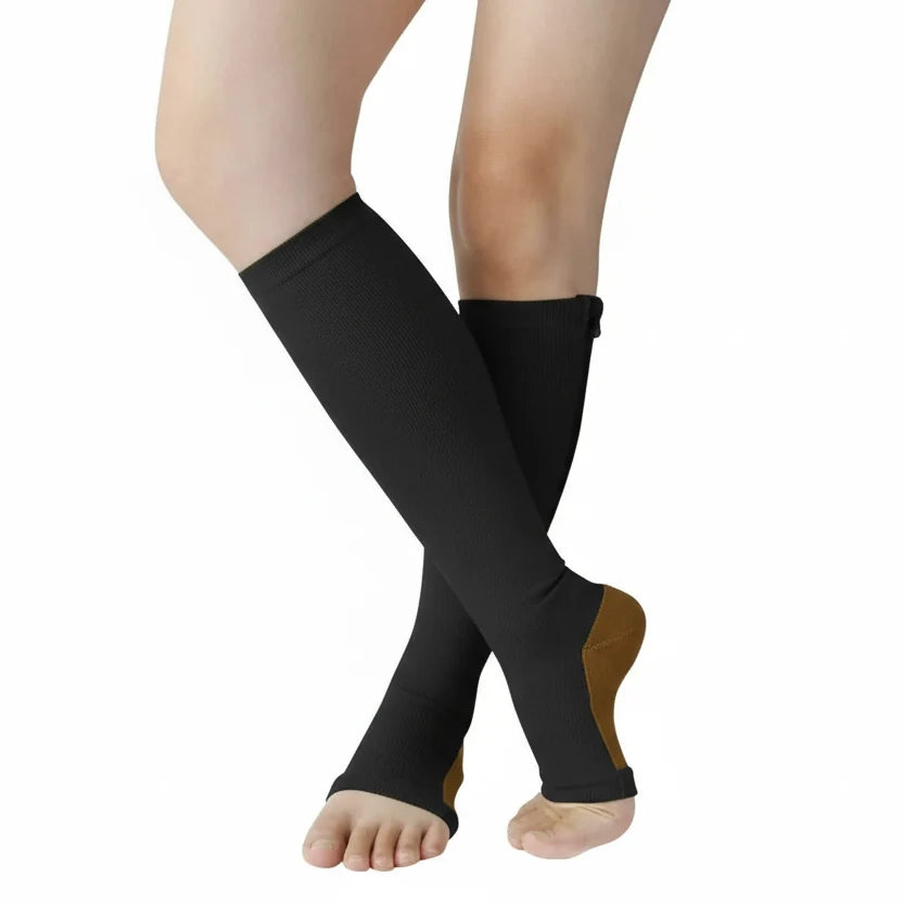 Black zip-up open-toe support socks with long zipper, snug calf fit.