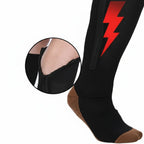 Black zip-up open-toe compression socks, side zipper with visible toe opening.