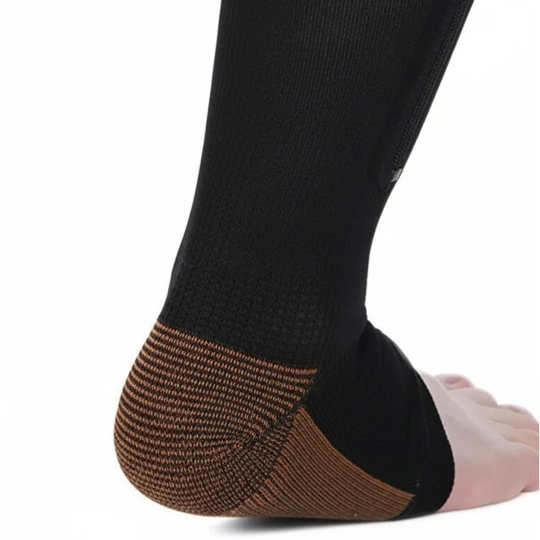 Black open-toe support sock with breathable knit foot panel and long side zipper.