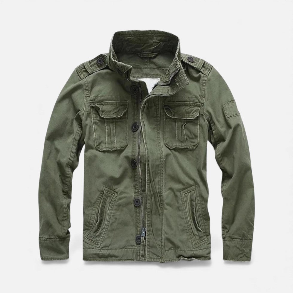 Army green utility jacket with button-front, stand collar, and chest & waist pockets