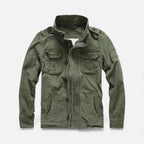 Army green utility jacket with button-front, stand collar, and chest & waist pockets