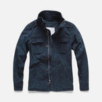Navy blue utility jacket with button-front, stand collar, and chest & waist pockets