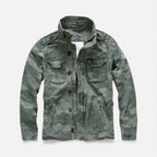 Green camouflage utility jacket with button-front, stand collar, and chest & waist pockets