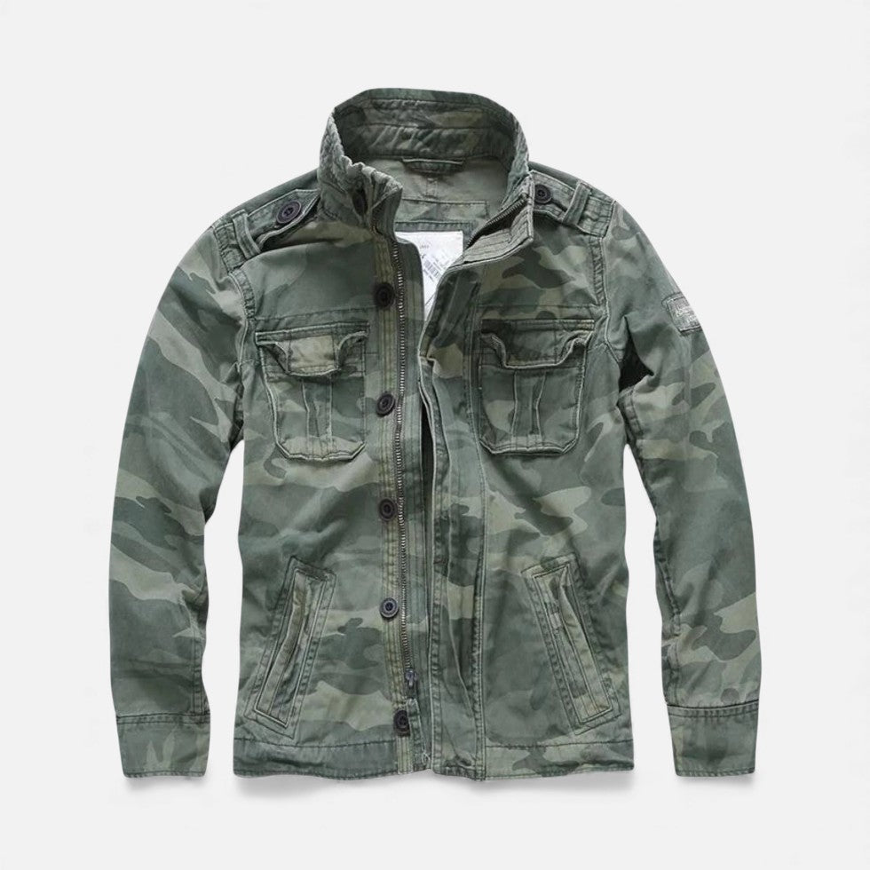 Green camouflage utility jacket with button-front, stand collar, and chest & waist pockets