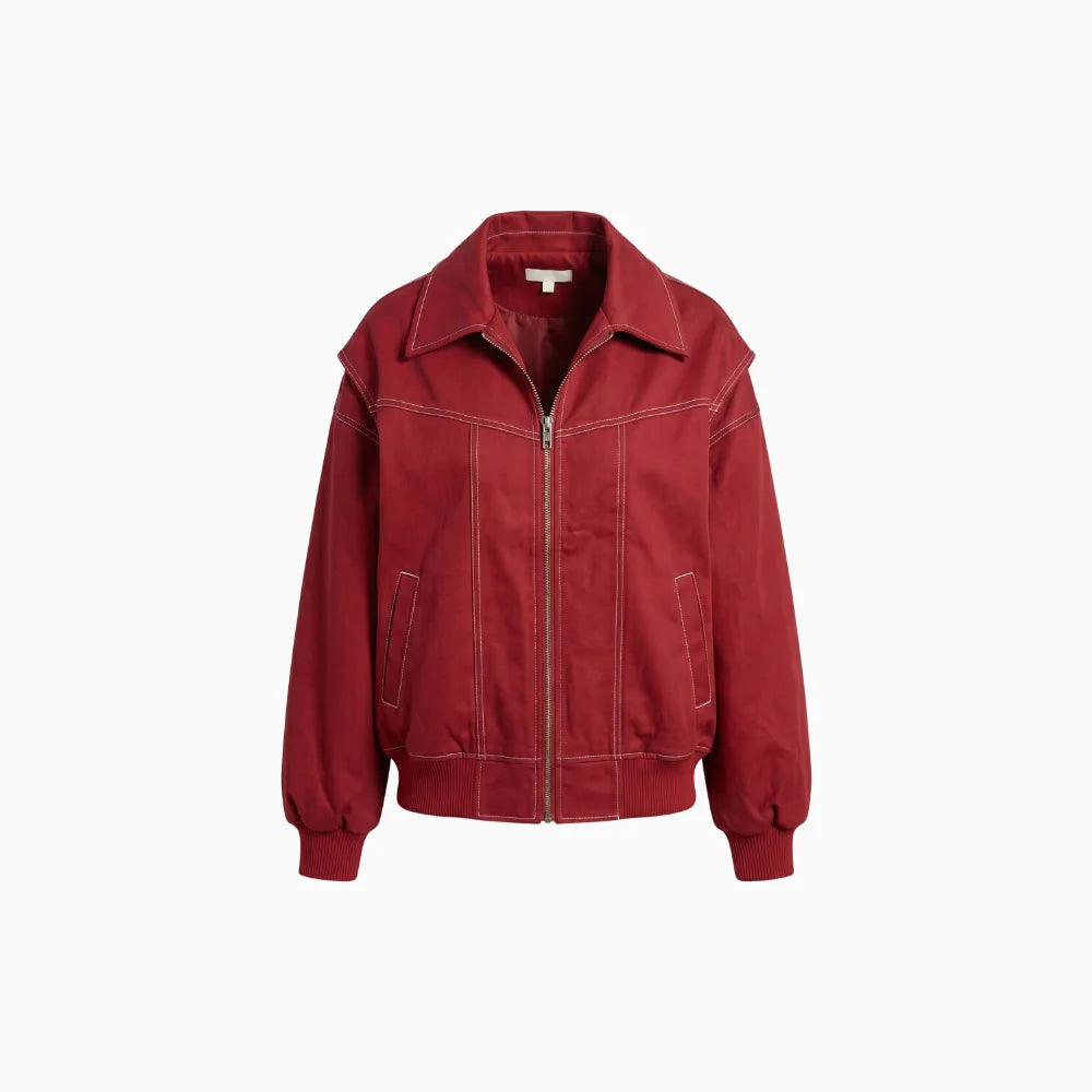 Zafira | Women's Oversized Zip Up Bomber Jacket with Collar Padded Streetwear Casual Coat-Women's Bomber Jacket-Red-S-