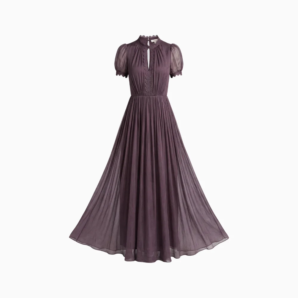 Elysora | Chiffon Maxi Dress for Women - High Neck Lace Keyhole Layered Elegant Flattering Fit-Maxi Dress-XS-Camoufit