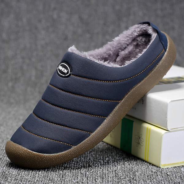 Men's lined slip-on slippers in blue, front angle with faux-fur lining and non-slip sole