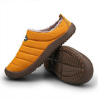 Men's warm lined slip-on slippers, orange top and brown non-slip rubber sole