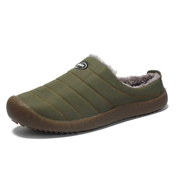 Men's warm lined slip-on slippers, olive green upper with fuzzy collar and rubber sole
