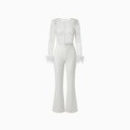 Women's Sequin Feather Jumpsuit – Glamorous Wide Leg Evening Fit-Jumpsuit-White-S-
