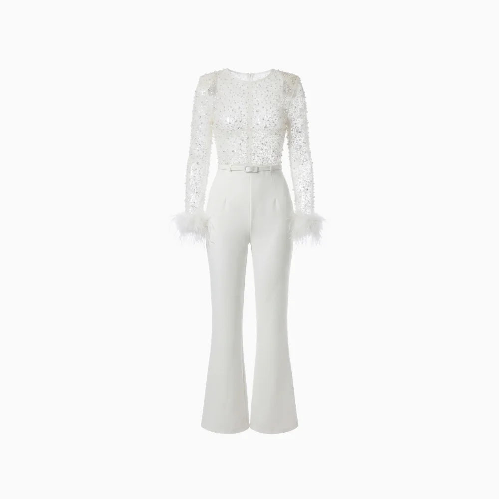 Women's Sequin Feather Jumpsuit – Glamorous Wide Leg Evening Fit-Jumpsuit-White-S-