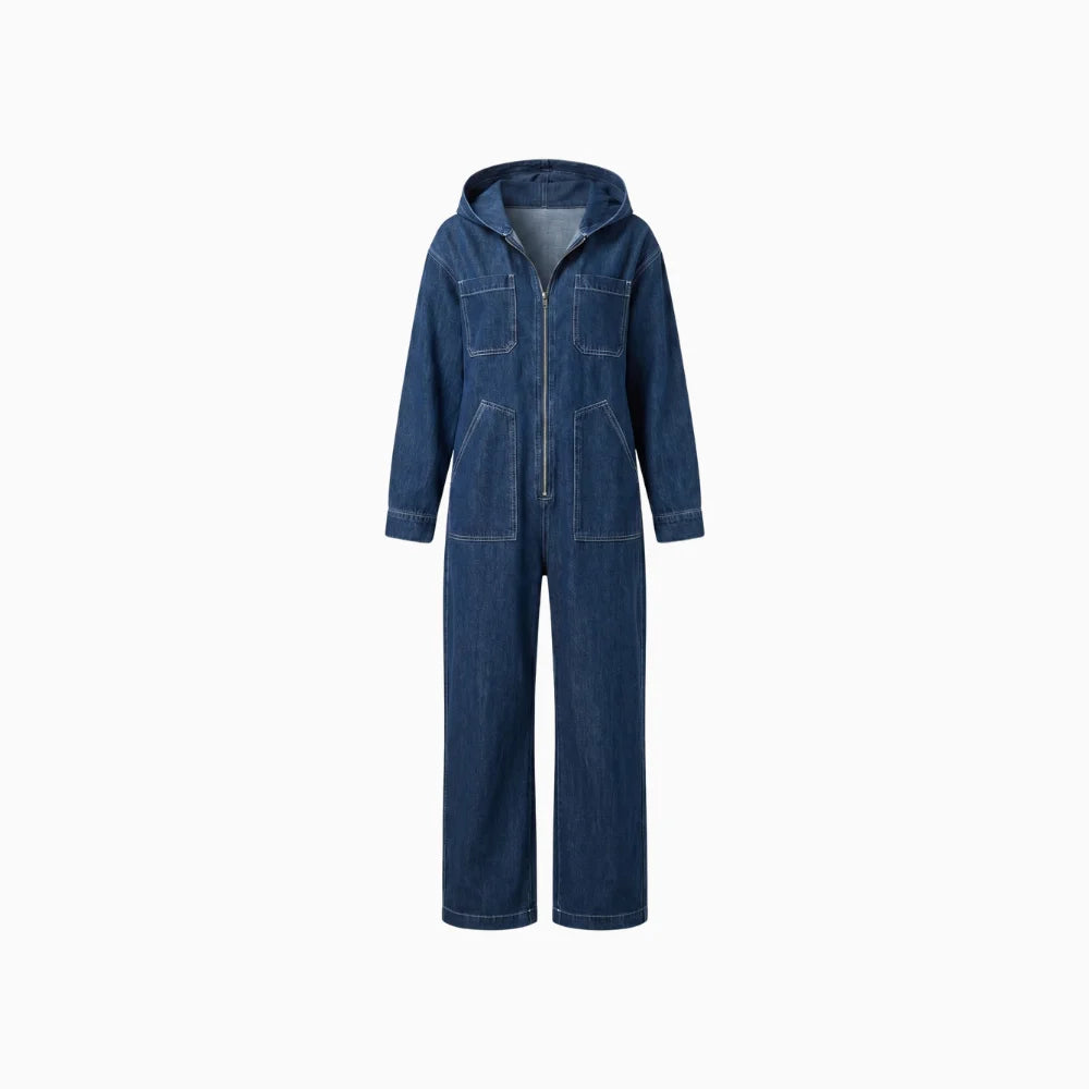 Calyra | Denim Jumpsuit for Women - Hooded Long Sleeve Zipper Pocket Vintage Loose Comfort Fit-Jumpsuit-Blue-S-Camoufit